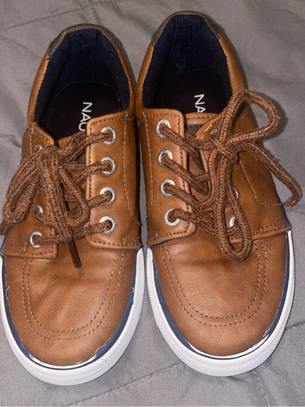 Nautica Tan/Brown Lace-Up Kids Boat Shoes with White Sole